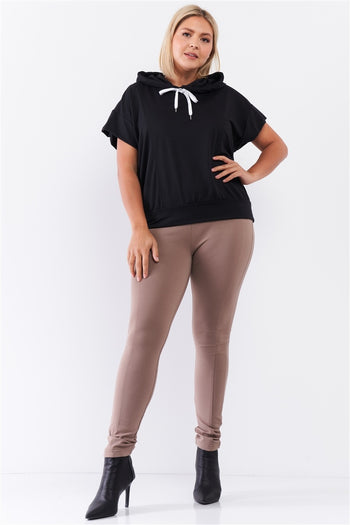 Black Short Wing Sleeve Relaxed Fit White Draw String Tie Hood Detail Top - Deals Kiosk