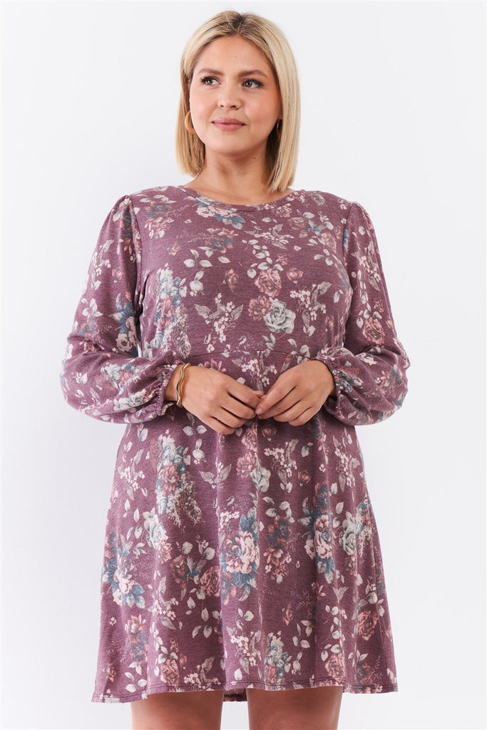 Plus Washed Burgundy Floral Print Long Puff Sleeve Relaxed Mini Dress - Deals Kiosk