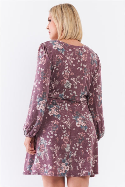 Plus Washed Burgundy Floral Print Long Puff Sleeve Relaxed Mini Dress - Deals Kiosk
