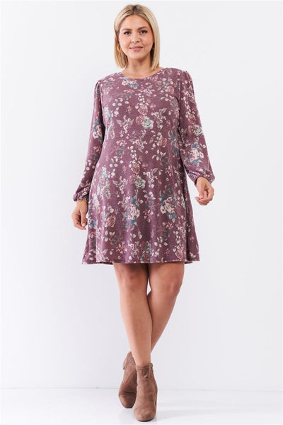Plus Washed Burgundy Floral Print Long Puff Sleeve Relaxed Mini Dress - Deals Kiosk
