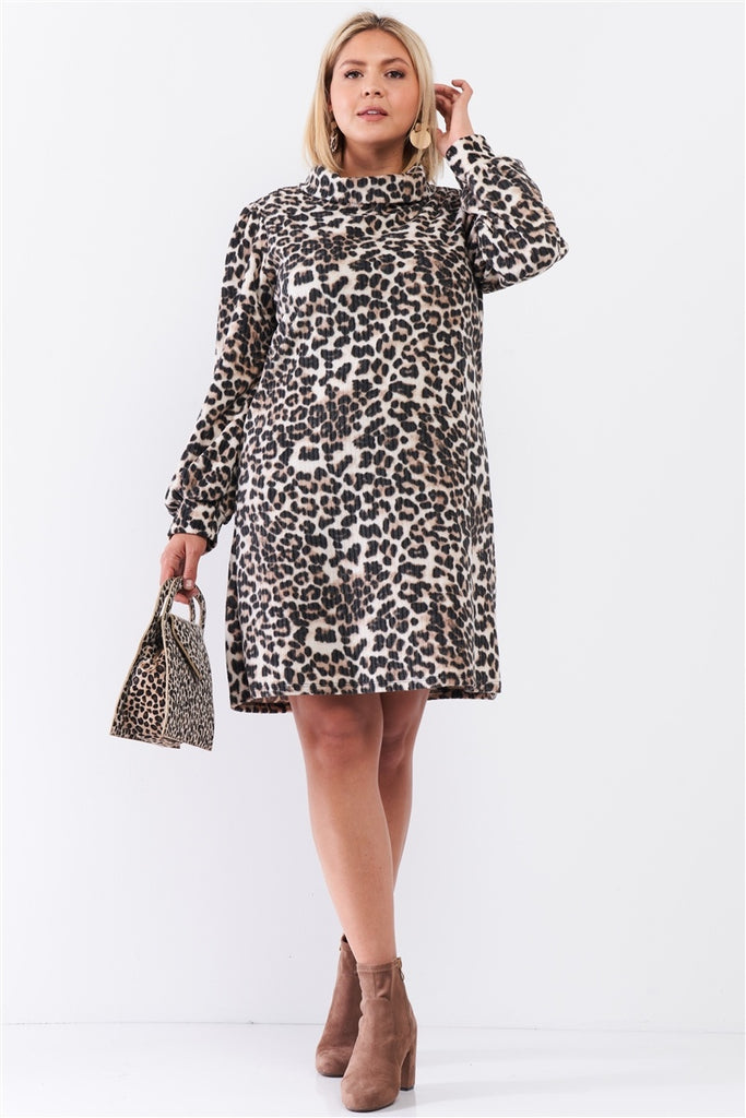 Plus Size Leopard Print Ribbed Cowl Neck Balloon Sleeve Mini Dress - Deals Kiosk