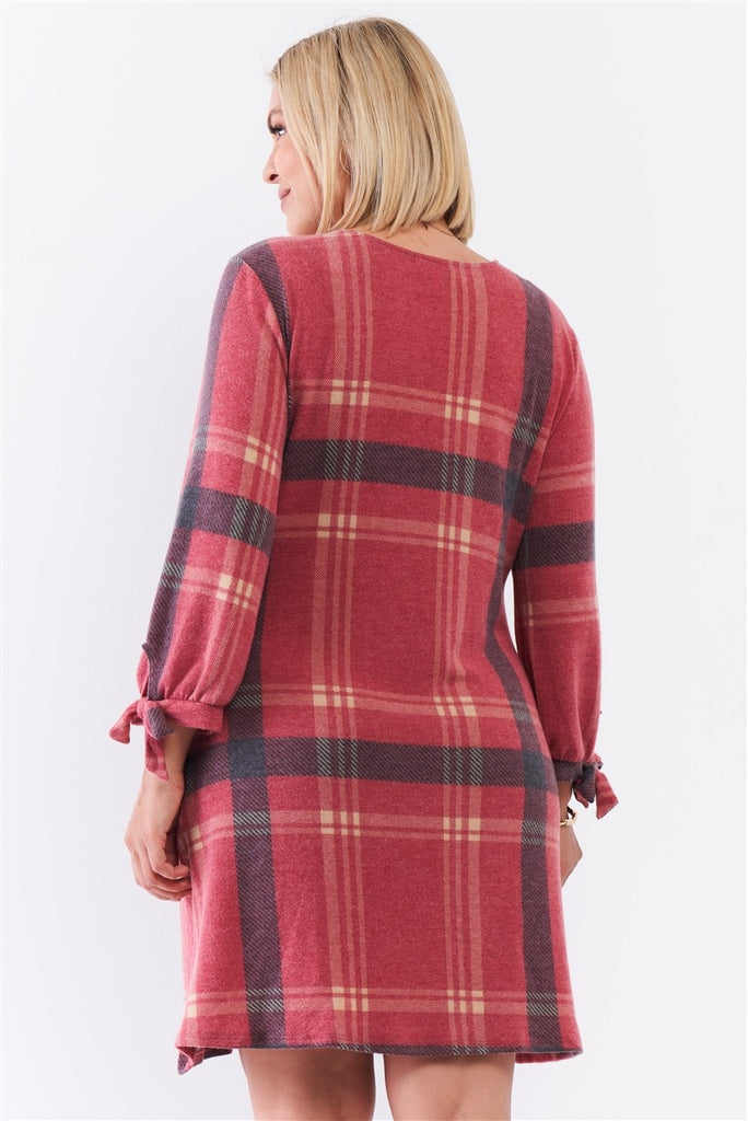 Plus Retro Red Plaid Bow Detail Midi Sleeve Relaxed Soft Mini Dress - Deals Kiosk
