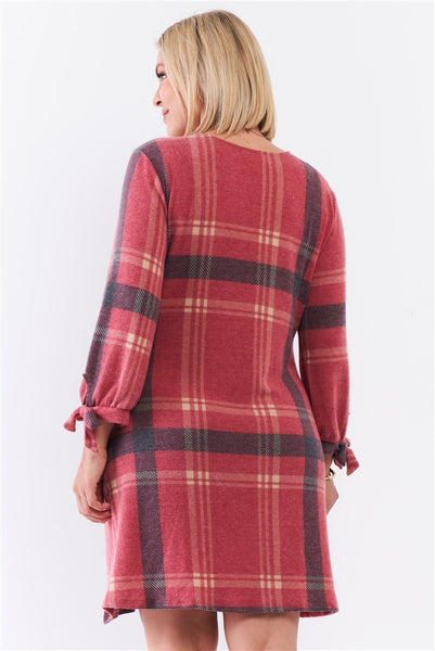 Plus Retro Red Plaid Bow Detail Midi Sleeve Relaxed Soft Mini Dress - Deals Kiosk