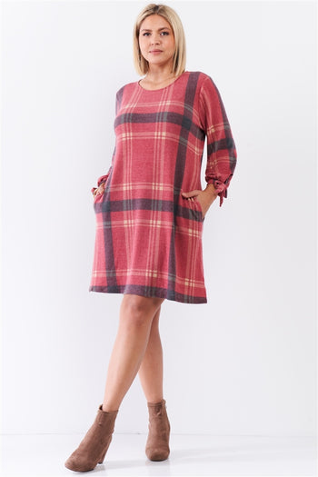 Plus Retro Red Plaid Bow Detail Midi Sleeve Relaxed Soft Mini Dress - Deals Kiosk
