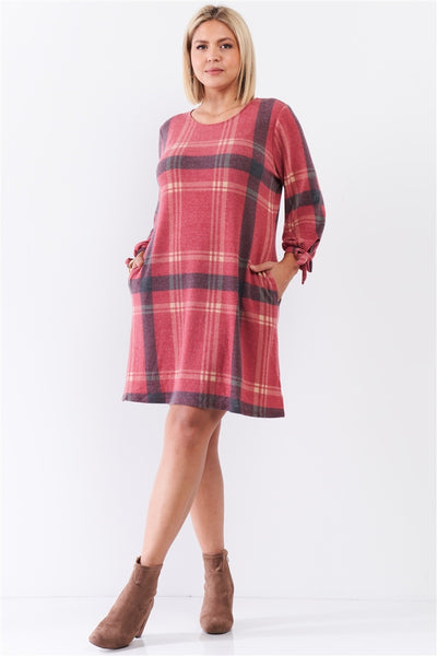 Plus Retro Red Plaid Bow Detail Midi Sleeve Relaxed Soft Mini Dress - Deals Kiosk