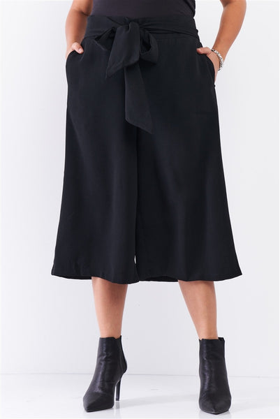 Plus Black Self-tie High Waist Detail Wide Leg Midi Length Pants - Deals Kiosk