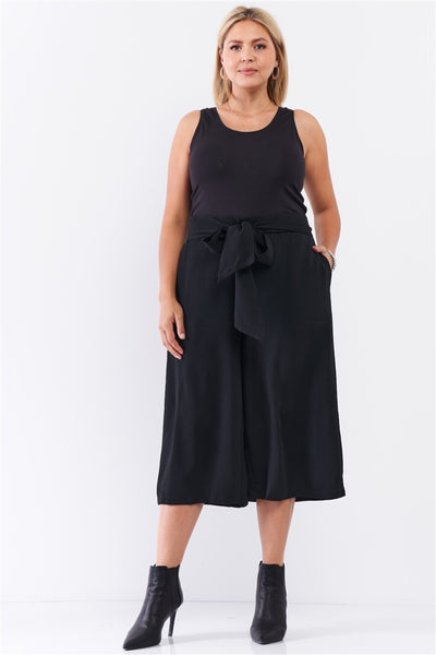 Plus Black Self-tie High Waist Detail Wide Leg Midi Length Pants - Deals Kiosk