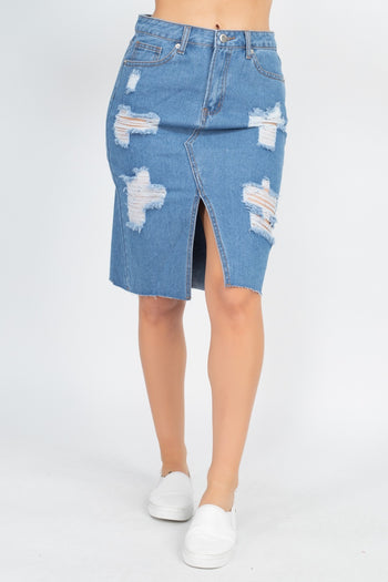 Distressed Front Slit Denim Skirt - Deals Kiosk