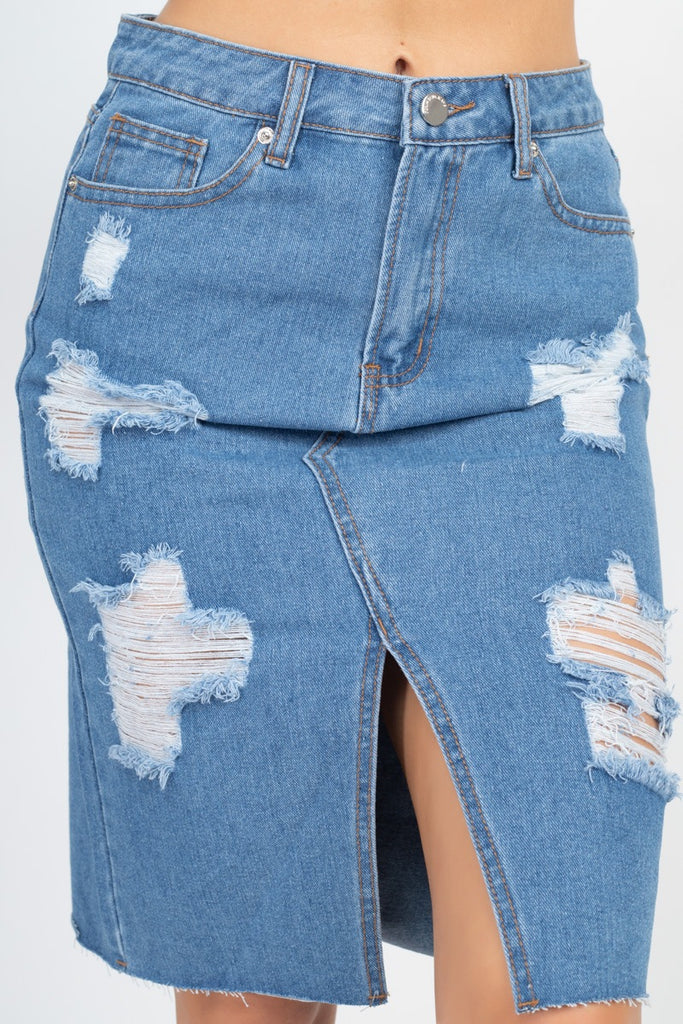 Distressed Front Slit Denim Skirt - Deals Kiosk