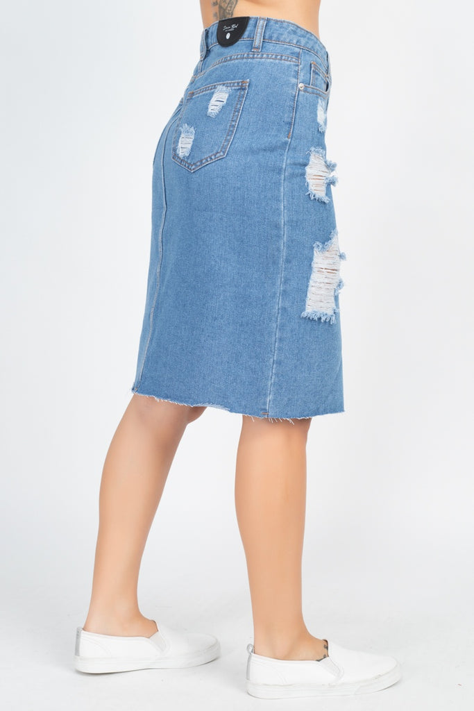 Distressed Front Slit Denim Skirt - Deals Kiosk