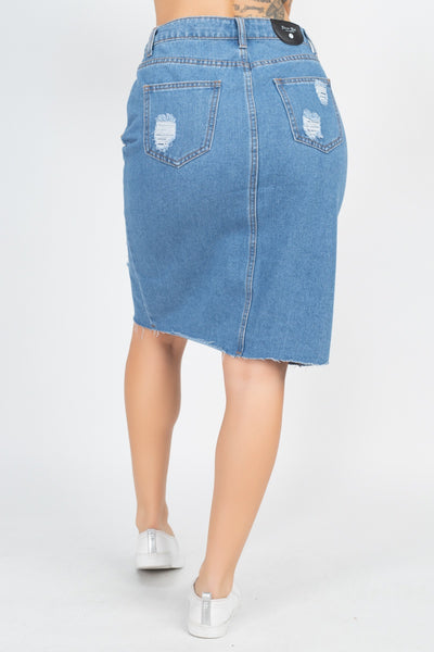 Distressed Front Slit Denim Skirt - Deals Kiosk