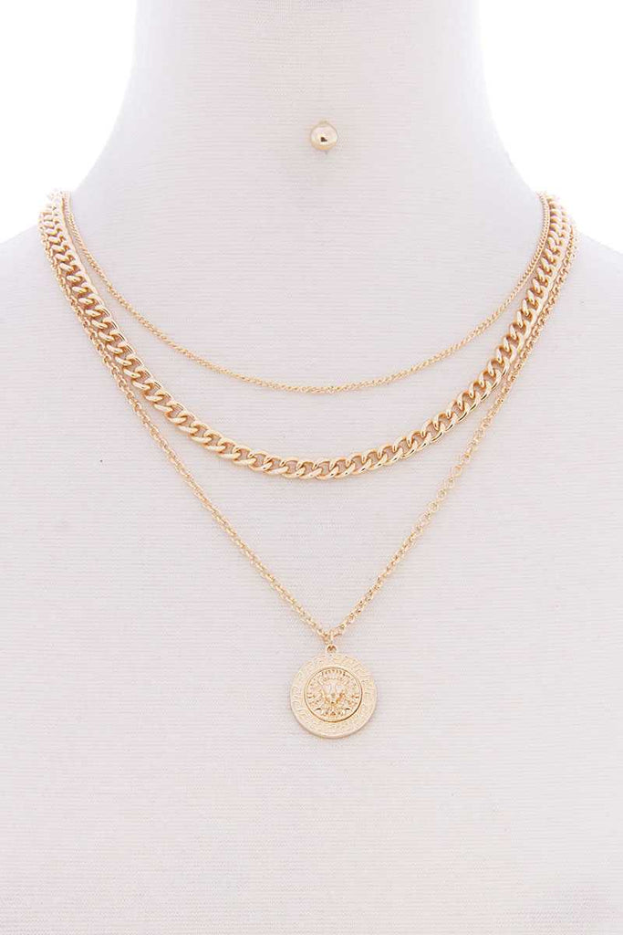 3 Layered Lion Pendant Metal Multi Necklace Earring Set - Deals Kiosk