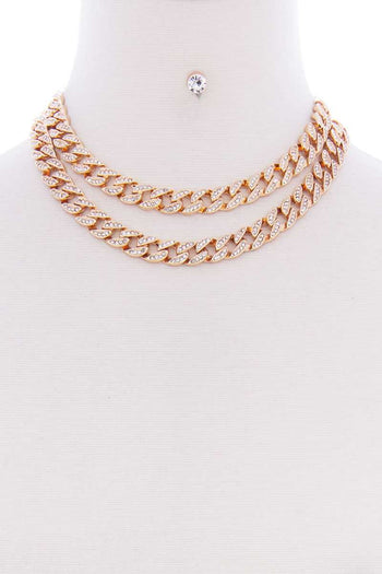 2 Layered Link Metal Chain Stud Stone Short Necklace Earring Set - Deals Kiosk