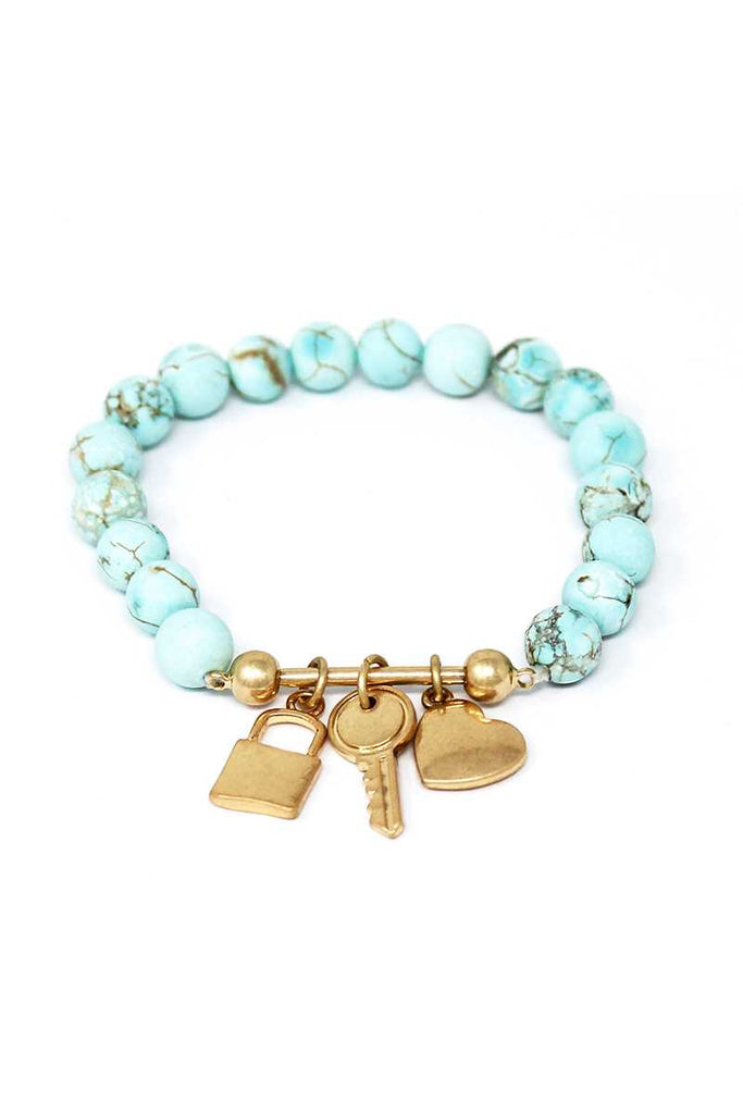 Multi Style Bead Locker And Key Charm Stretch Bracelet - Deals Kiosk