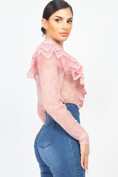 Floral Lace Ruffle Trim Top - Deals Kiosk