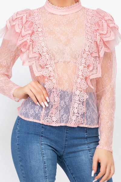 Floral Lace Ruffle Trim Top - Deals Kiosk