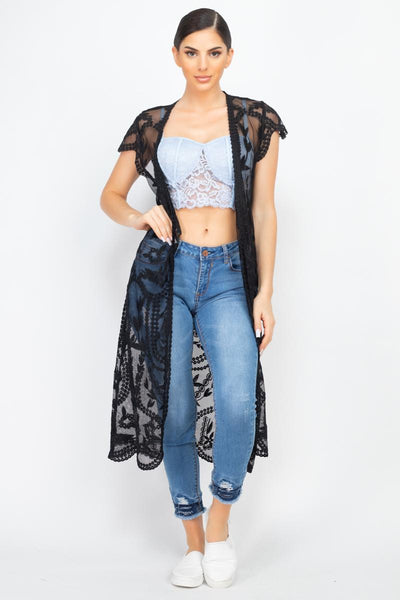 Open Front Floral Embroidered Cardigan - Deals Kiosk