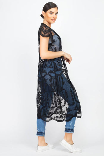 Open Front Floral Embroidered Cardigan - Deals Kiosk