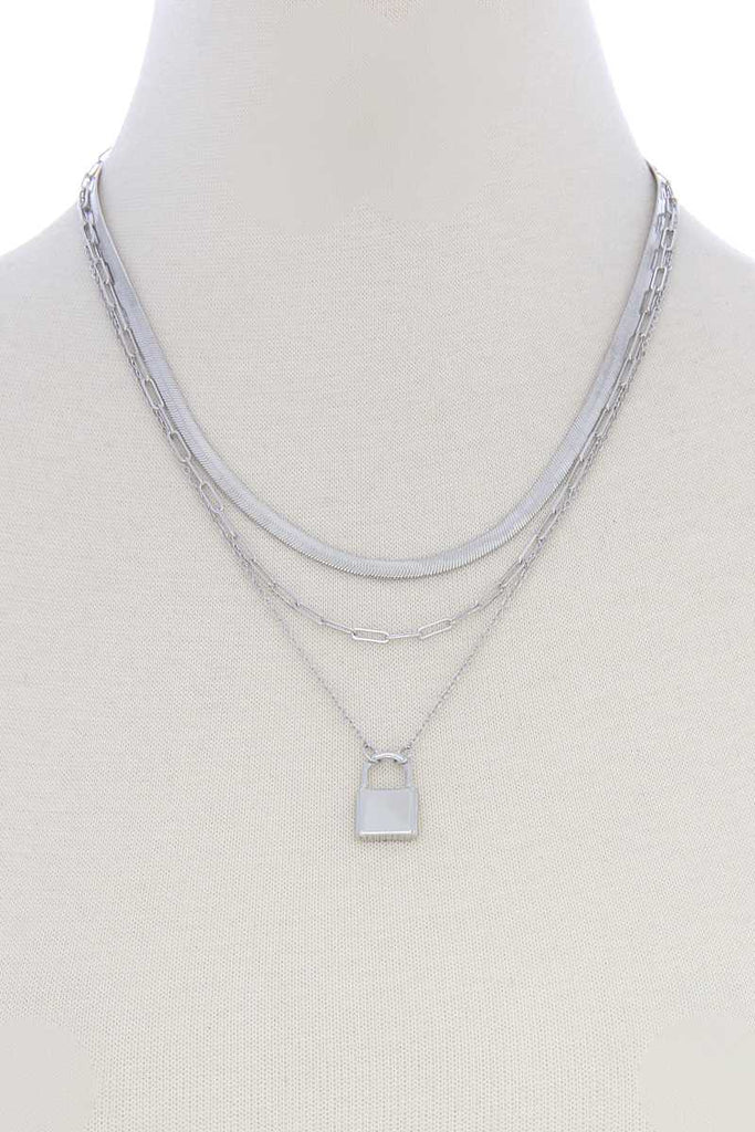 Lock Charm Flat Snake Chain Layer Necklace - Deals Kiosk
