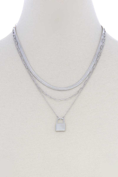 Lock Charm Flat Snake Chain Layer Necklace - Deals Kiosk