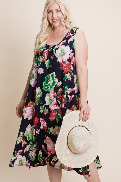Plus Size Floral Bulgari Printed Tank Midi Dress With Asymmetrical Hem - Deals Kiosk