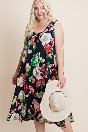 Plus Size Floral Bulgari Printed Tank Midi Dress With Asymmetrical Hem - Deals Kiosk