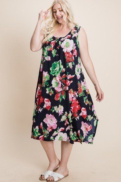 Plus Size Floral Bulgari Printed Tank Midi Dress With Asymmetrical Hem - Deals Kiosk