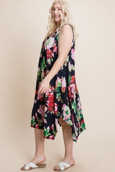Plus Size Floral Bulgari Printed Tank Midi Dress With Asymmetrical Hem - Deals Kiosk
