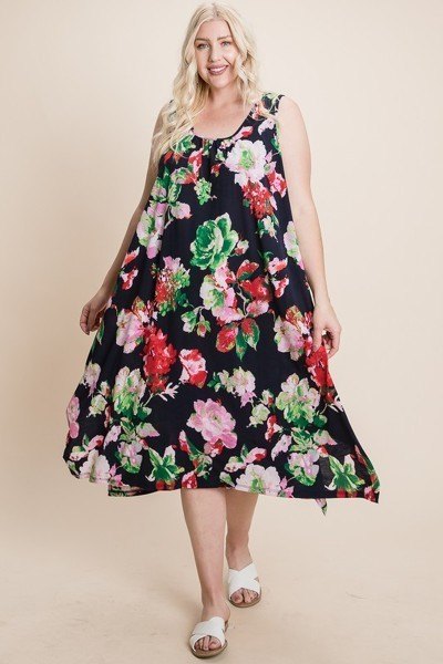 Plus Size Floral Bulgari Printed Tank Midi Dress With Asymmetrical Hem - Deals Kiosk