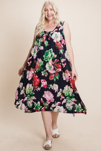 Plus Size Floral Bulgari Printed Tank Midi Dress With Asymmetrical Hem - Deals Kiosk