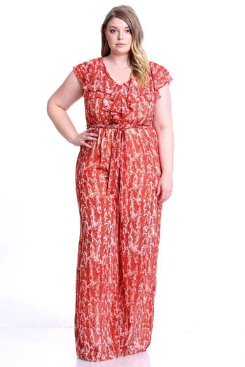 Abstract Print Ruffle Detail Jumpsuit - Deals Kiosk