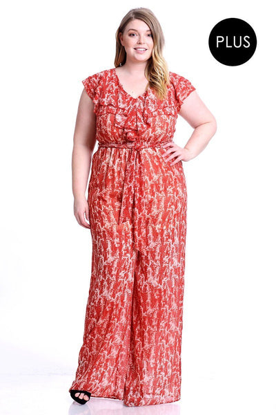 Abstract Print Ruffle Detail Jumpsuit - Deals Kiosk