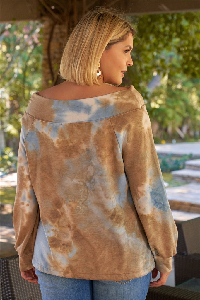 Plus Size Multicolor Tie-dye Bateau Neck Long Sleeve Draw-string Trim Sweatshirt - Deals Kiosk