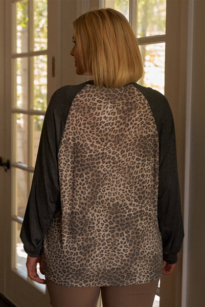 Plus Size Khaki & Charcoal Leopard Print Long Sleeve Relaxed Top - Deals Kiosk