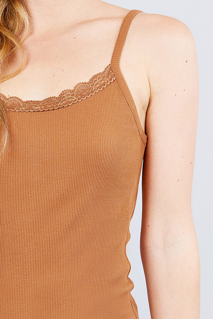 Lace Trim Rib Cami Knit Top - Deals Kiosk