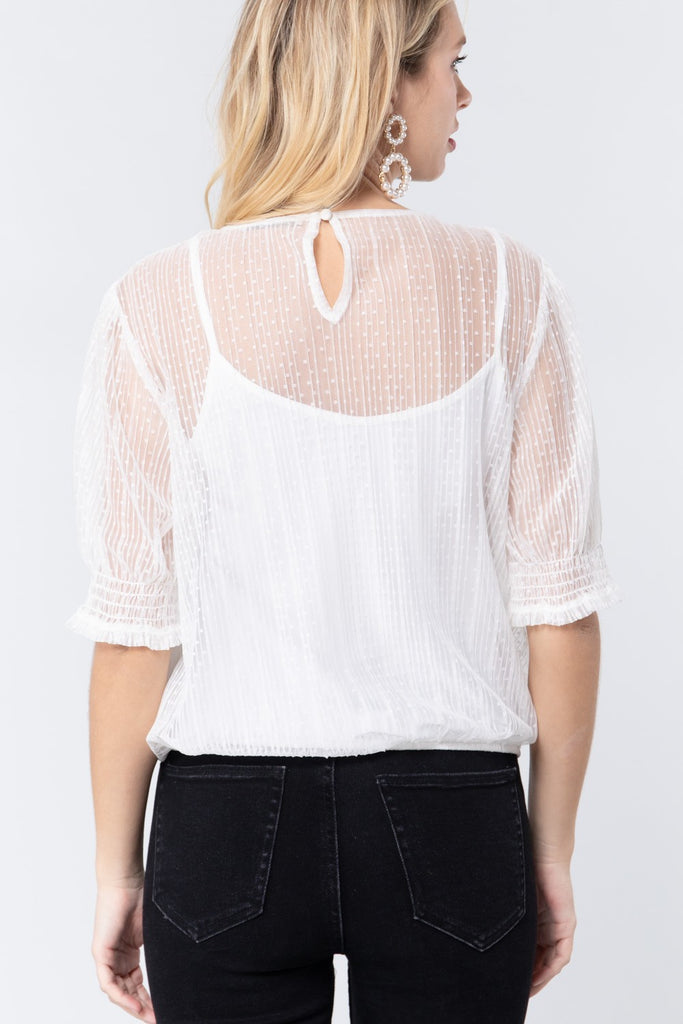 Elbow Slv Dot Mesh Top W/inner Cami - Deals Kiosk