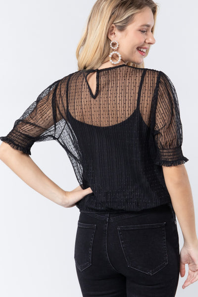 Elbow Slv Dot Mesh Top W/inner Cami - Deals Kiosk