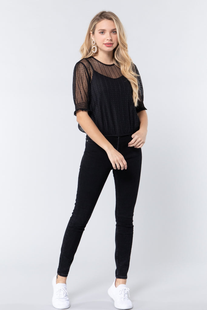 Elbow Slv Dot Mesh Top W/inner Cami - Deals Kiosk