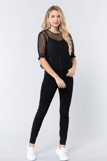 Elbow Slv Dot Mesh Top W/inner Cami - Deals Kiosk