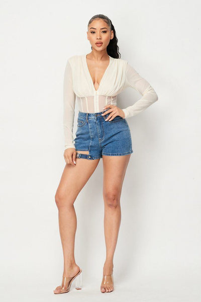 Fishnet Sheer Mesh Back Deep V Neck Bodysuit - Deals Kiosk