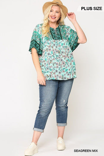 Floral Print Lace Up Flutter Sleeve Top - Deals Kiosk