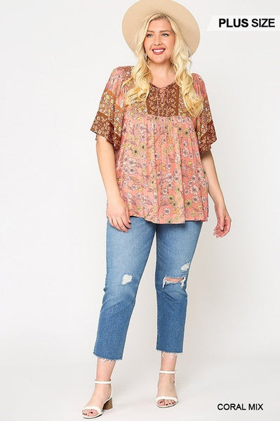 Floral Print Lace Up Flutter Sleeve Top - Deals Kiosk