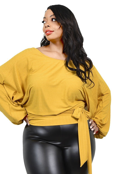 Plus Relaxed Long Sleeve Tie Waist Top - Deals Kiosk
