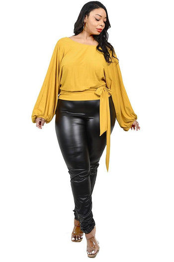 Plus Relaxed Long Sleeve Tie Waist Top - Deals Kiosk