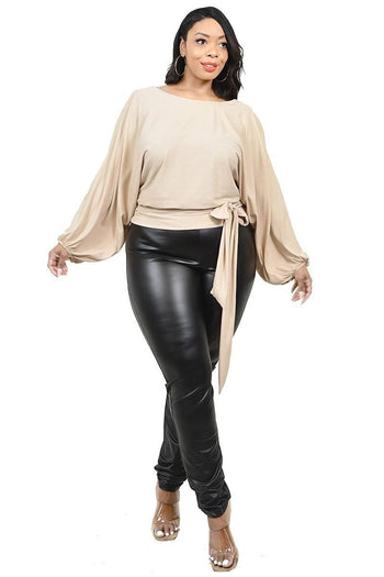 Plus Relaxed Long Sleeve Tie Waist Top - Deals Kiosk