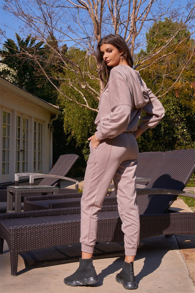 Mocha Inside-out Detail Long Sleeve Raw Hem V-neck Relaxed Fit Hooded Sweatshirt 2 Piece Set - Deals Kiosk