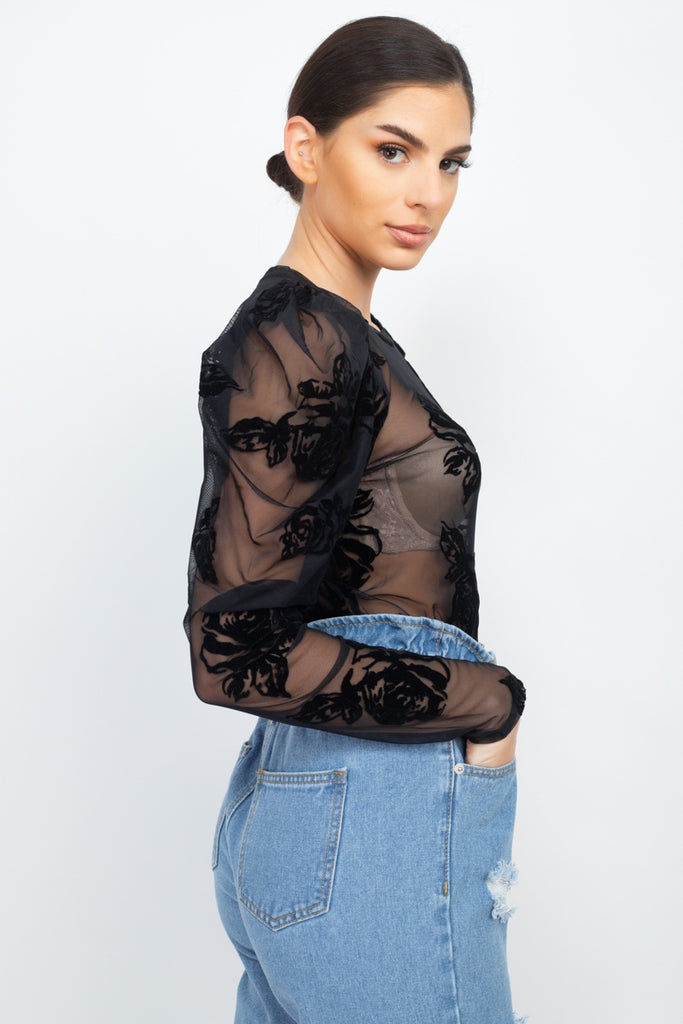 Floral-embroidered Long Puff Sleeves Top - Deals Kiosk