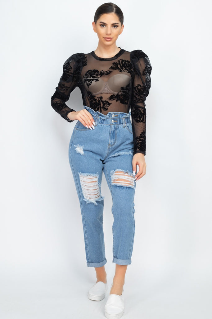 Floral-embroidered Long Puff Sleeves Top - Deals Kiosk
