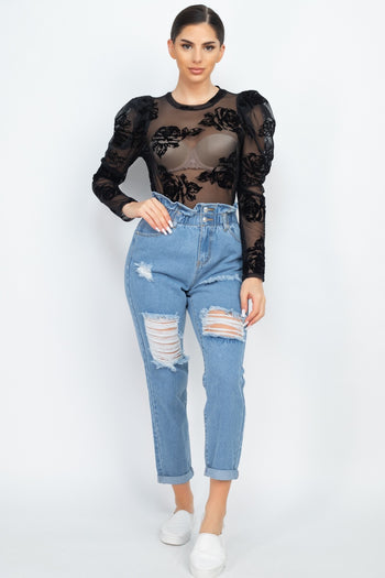 Floral-embroidered Long Puff Sleeves Top - Deals Kiosk