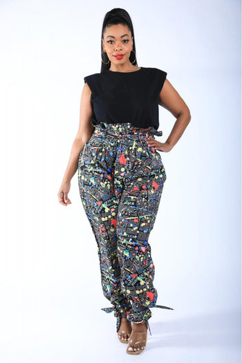 Newspaper Splatter Baggy Pants - Deals Kiosk